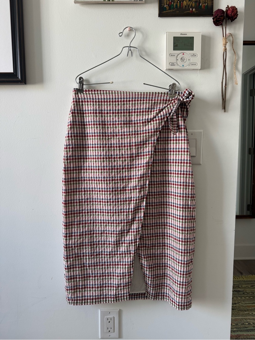 Madewell Red and Cream Checked Wrap Midi Skirt
